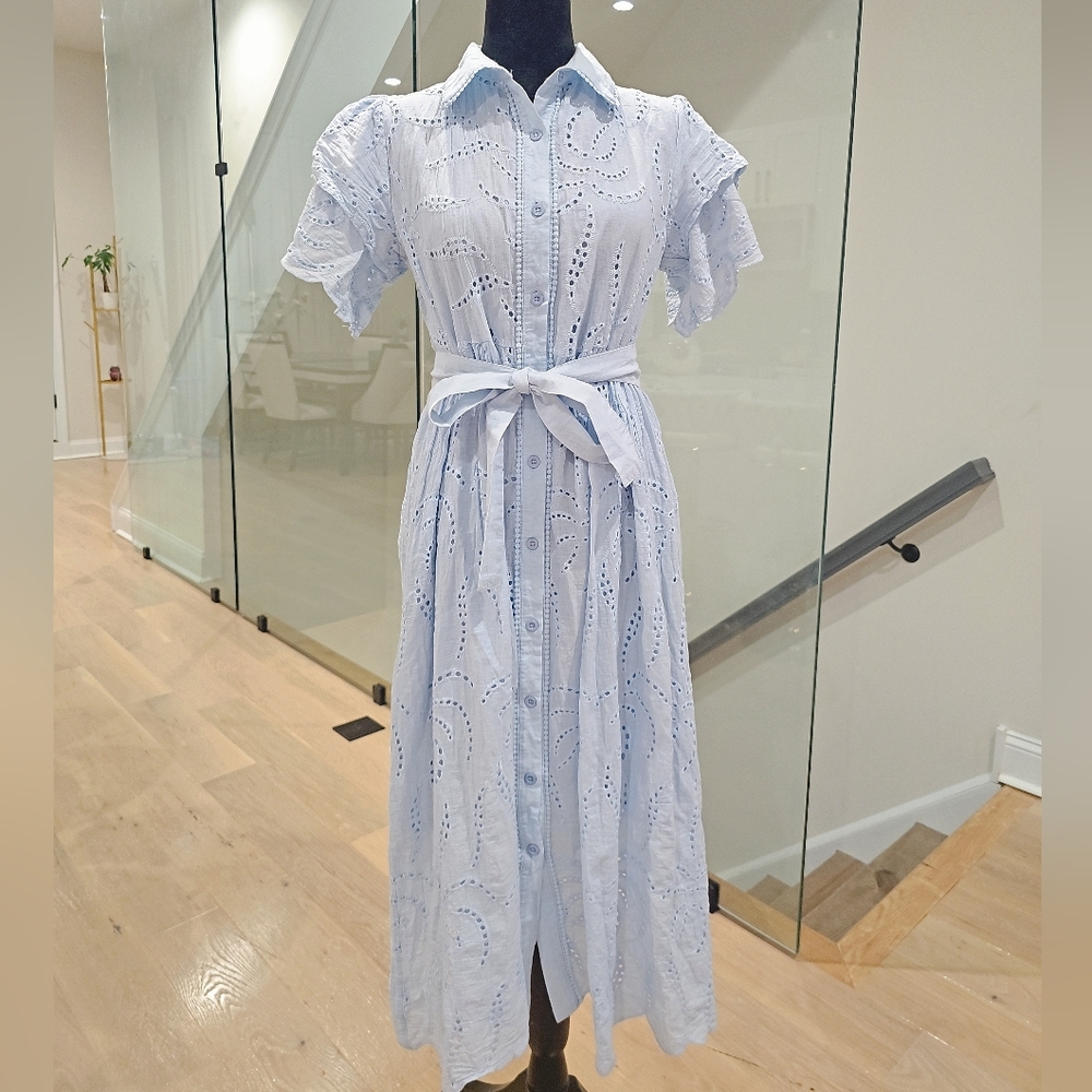 Light Blue Eyelet Shirt Dress with Tie Waist